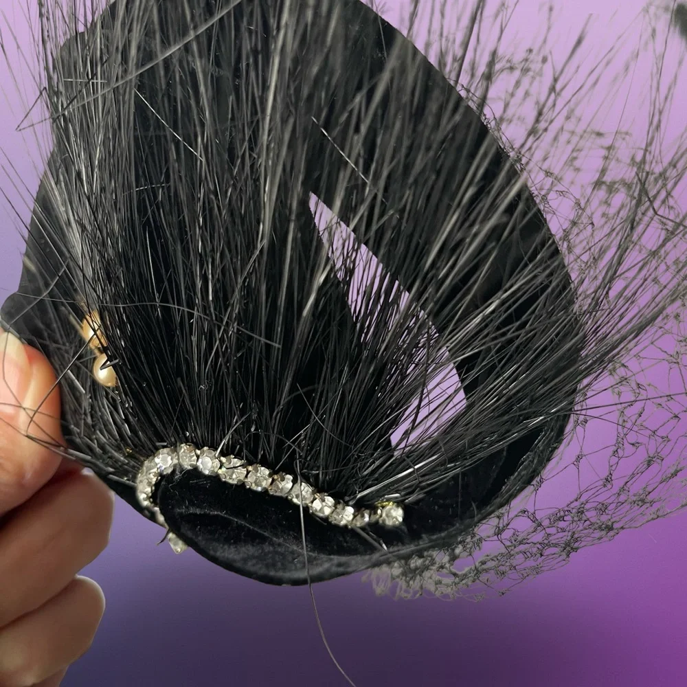 Vintage 50’s 60’s Black Velvet Fascinator Derby Hat Feather, Rhinestone Details